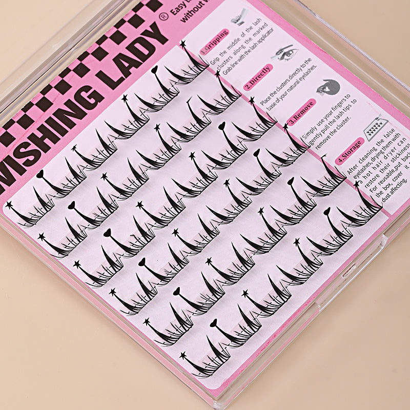 QY-50 Holiday Accent Self-Adhesive Cluster Lashes – Star &amp; Heart Spiky Effect, 9–12mm, C Curl